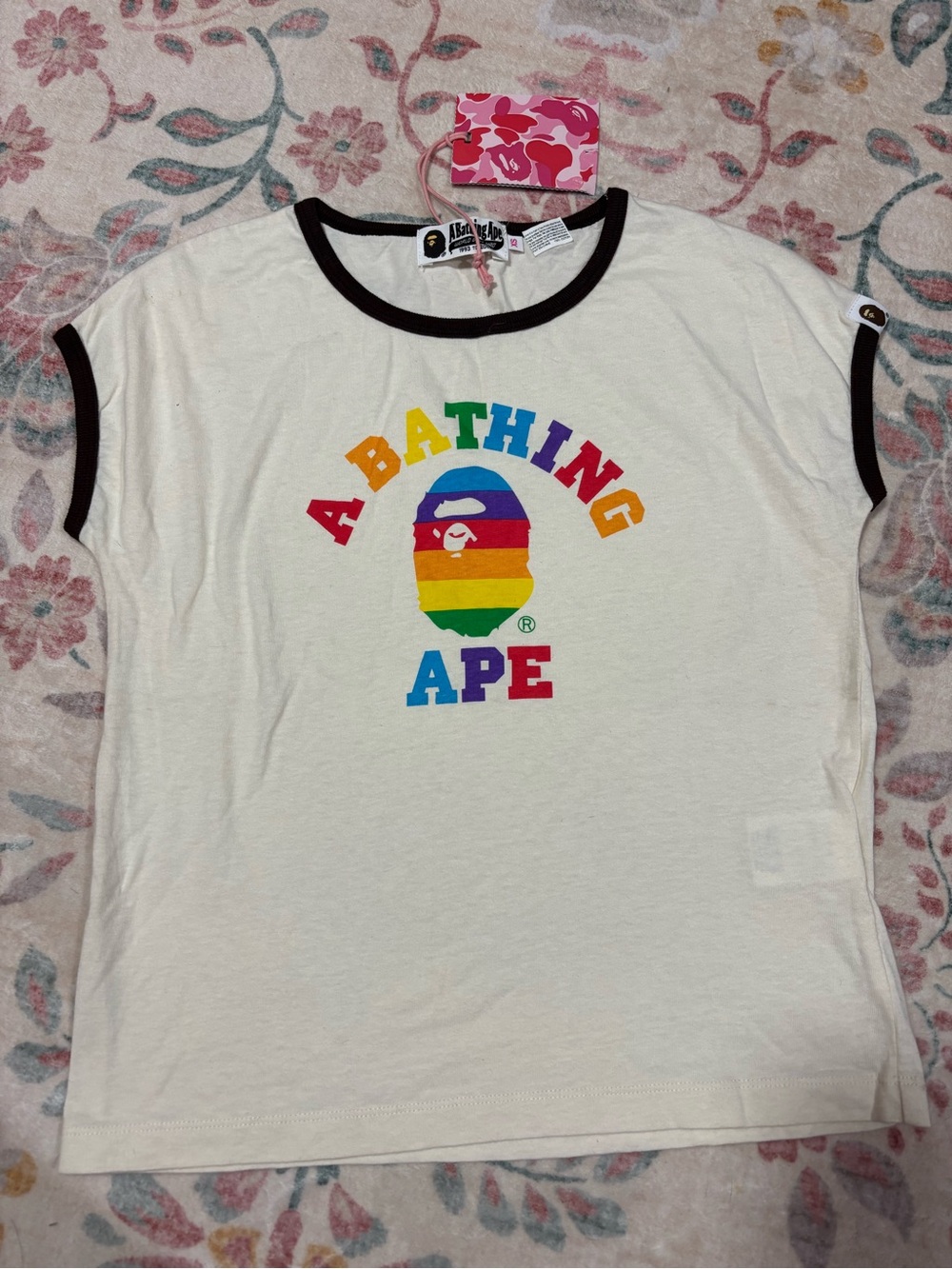 Bape Rainbow Logo Ringer Tee - White with Black Trim